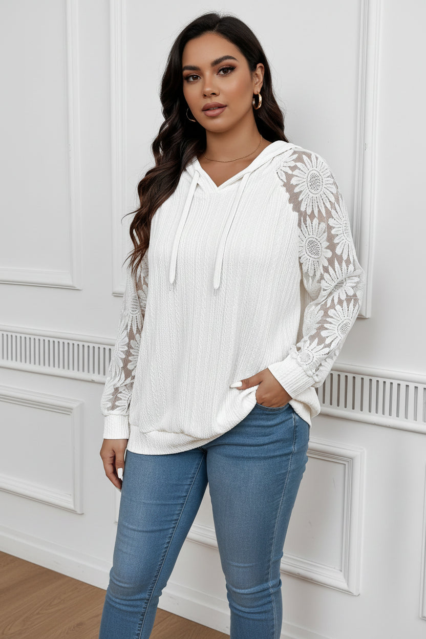 Pull à manches longues, col rond, ajouré avec empiècements en dentelle pour femme – Blanc