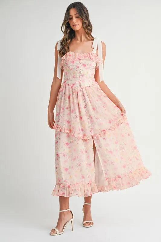 Robe Midi Imprimé Floral à Bretelles Pour Femme – Robe Midi Fleurie, Robe à Bretelles, Robe Midi Volants, Robe Fleurie Féminine, Robe de Soirée Élégante