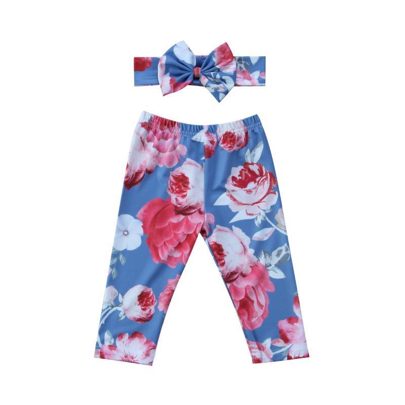 Pantalon d'été de luxe moderne pour bébés filles à motif floral avec bandeau Nouveau-né Enfants Filles Bas floraux Pantalons longs Pantalons à motif floral pour filles avec nœud