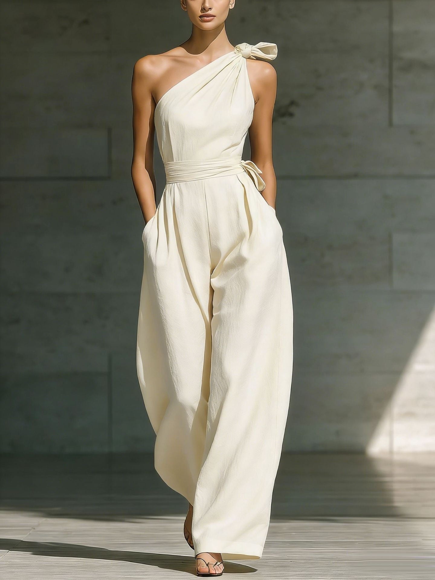 Combinaison ample sans manches à épaules dénudées avec ceinture et jambes larges pour femme