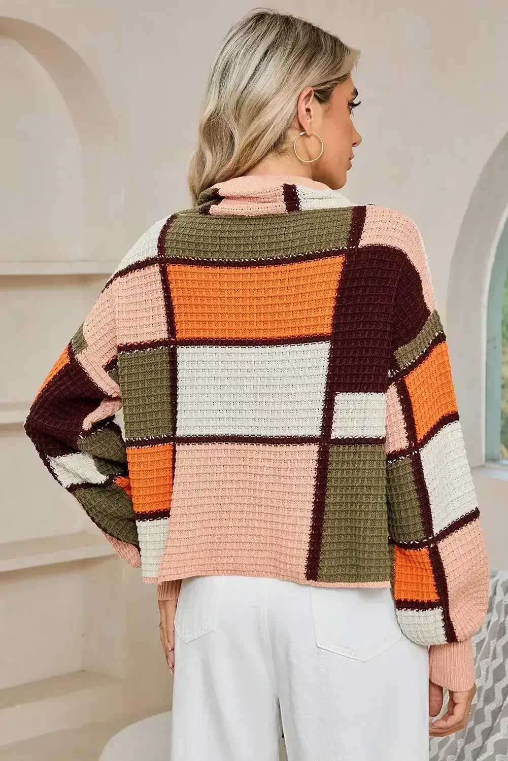 Pull à col montant orange color block en tricot gaufré avec cordon de serrage