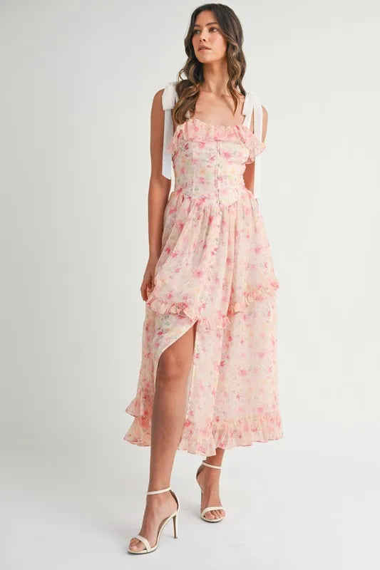Robe Midi Imprimé Floral à Bretelles Pour Femme – Robe Midi Fleurie, Robe à Bretelles, Robe Midi Volants, Robe Fleurie Féminine, Robe de Soirée Élégante