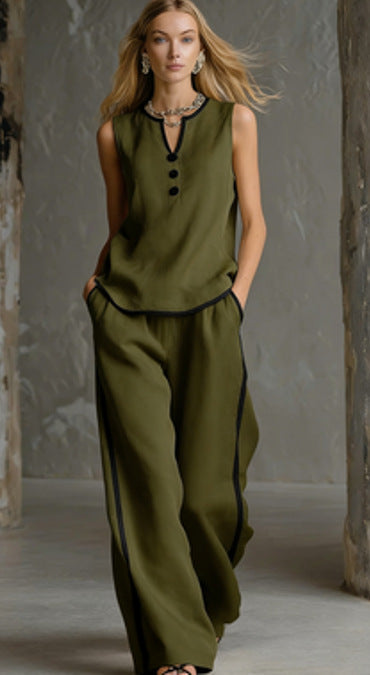 Ensemble pantalon femme sans manches à col en V et jambes larges
