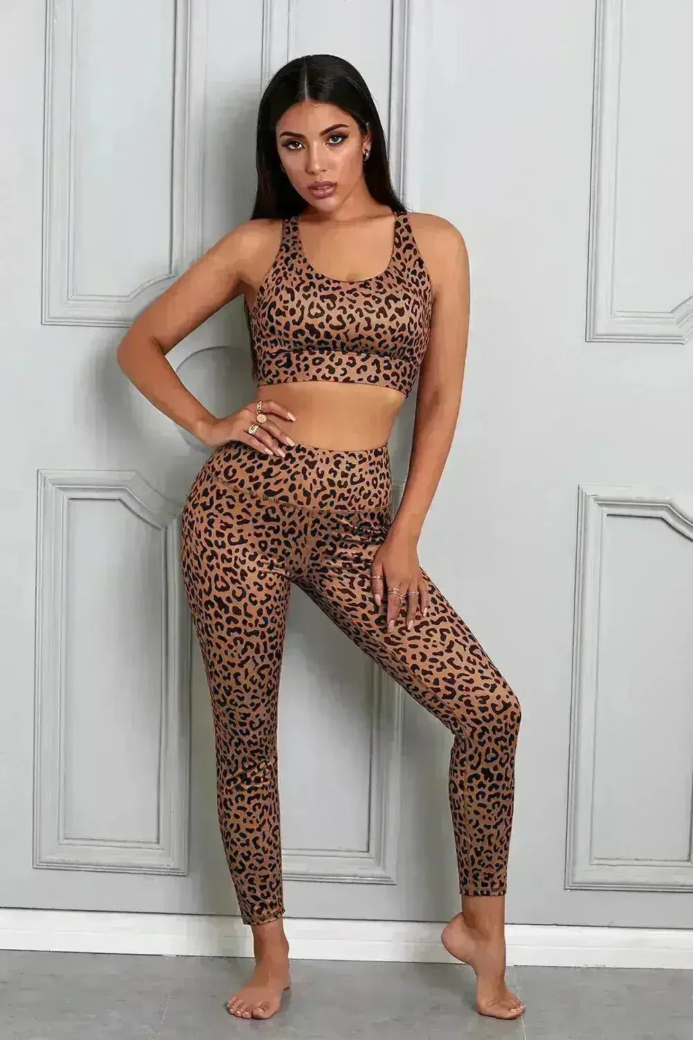 Ensemble Soutien-Gorge et Pantalon de Sport Imprimé Guépard Marron pour Femme