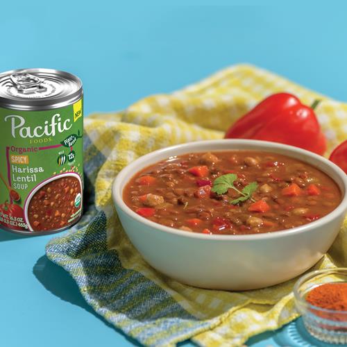 Soupe de lentilles au harissa épicé bio Pacific Foods, végétale, boîte de 462 g