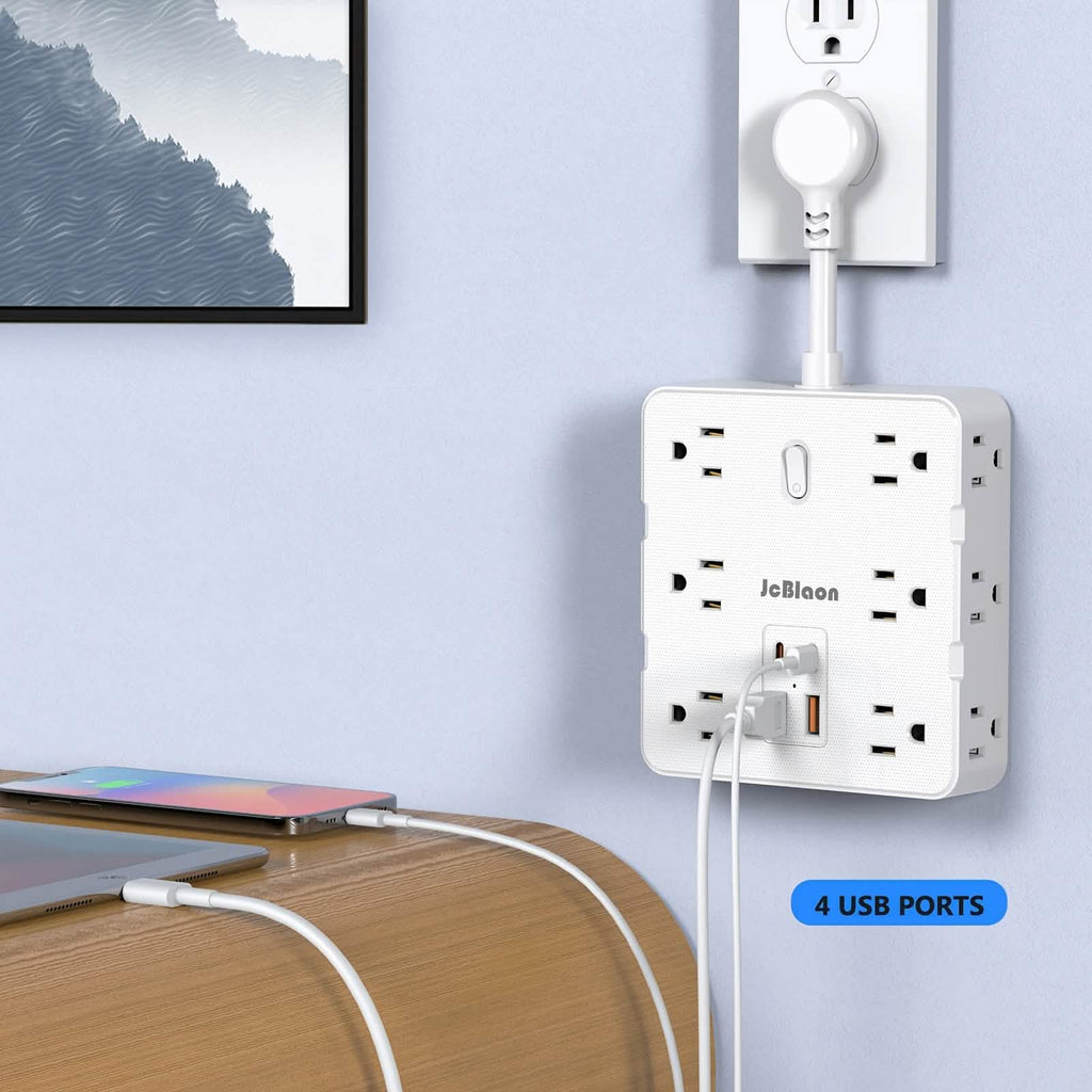 Multiprise 16-en-1 – 12 prises CA et 4 ports USB, blanche