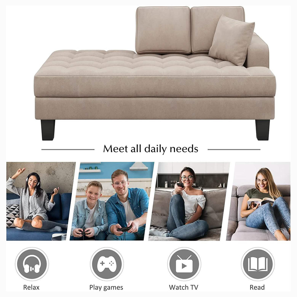 Chaise longue capitonnée en tissu texturé de 163 cm de profondeur – Coussin décoratif inclus