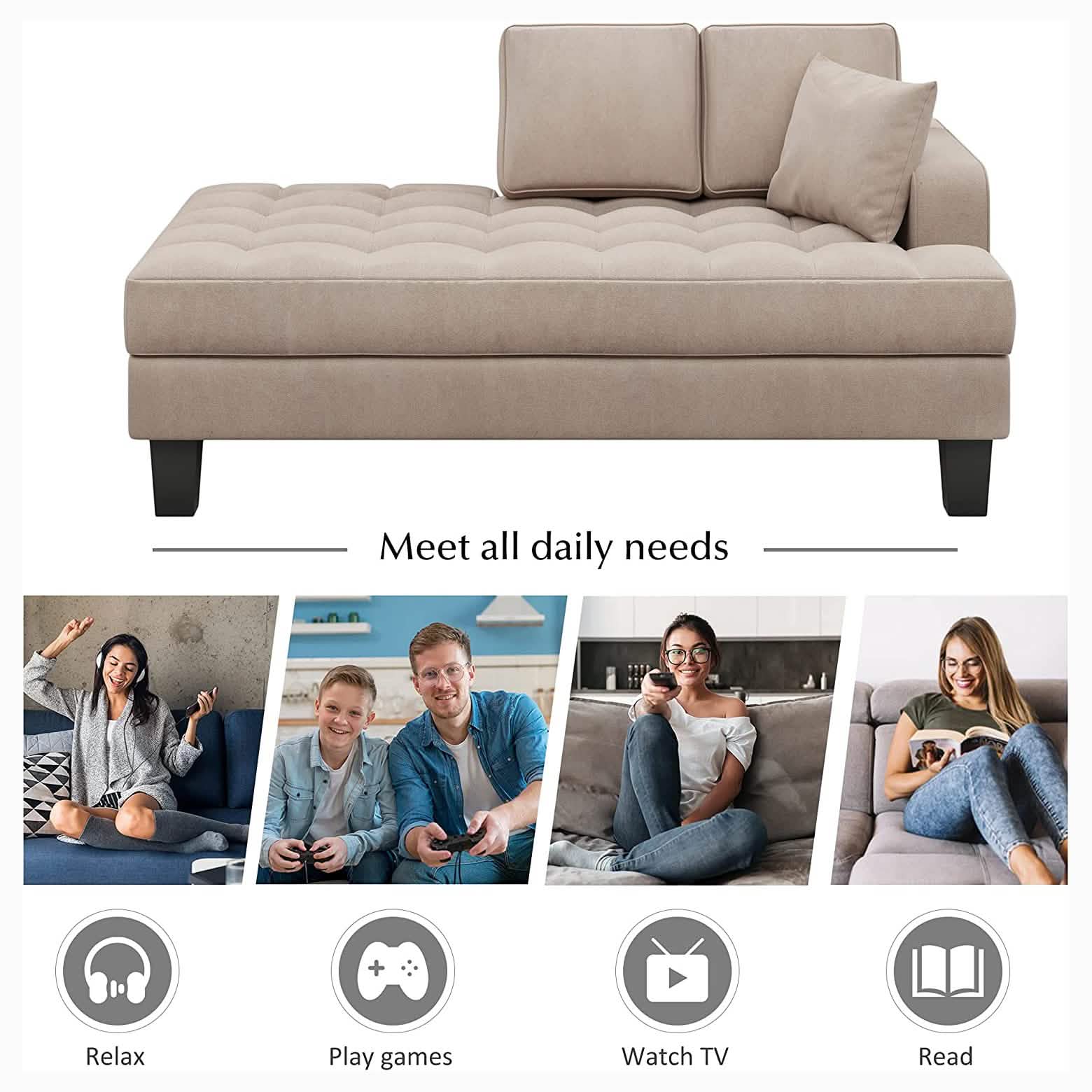 Chaise longue capitonnée en tissu texturé de 163 cm de profondeur – Coussin décoratif inclus