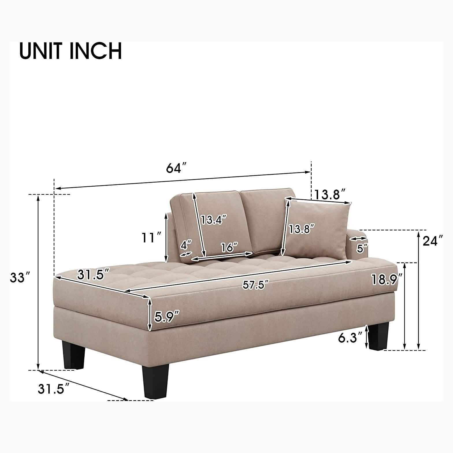 Chaise longue capitonnée en tissu texturé de 163 cm de profondeur – Coussin décoratif inclus
