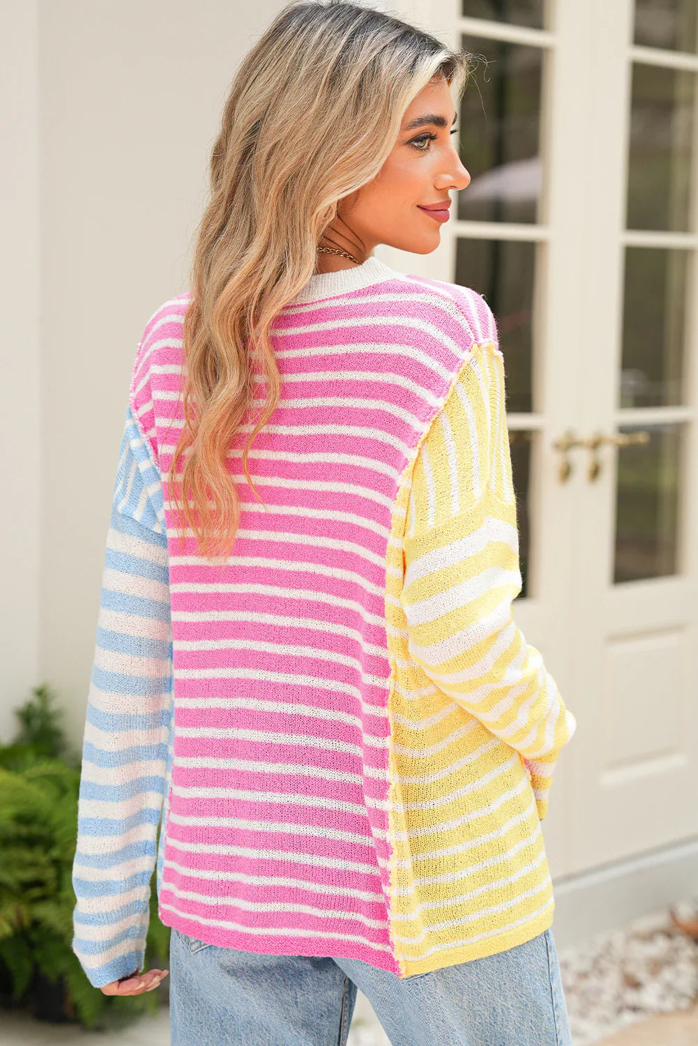 Pull en tricot à manches chauve-souris et fentes, color-block, rayé et patchwork multicolore