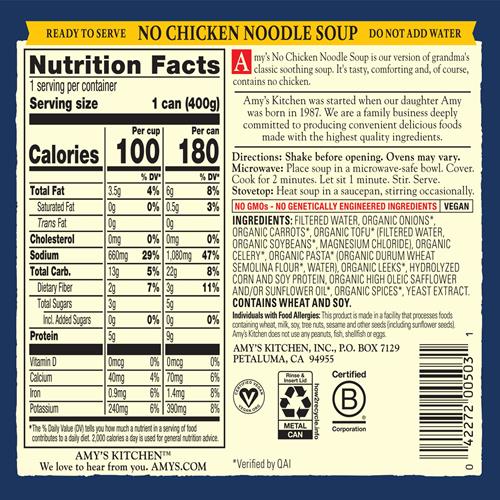 Soupe Amy's, végétalienne, nouilles sans poulet, faite avec des légumes biologiques, 400 grammes