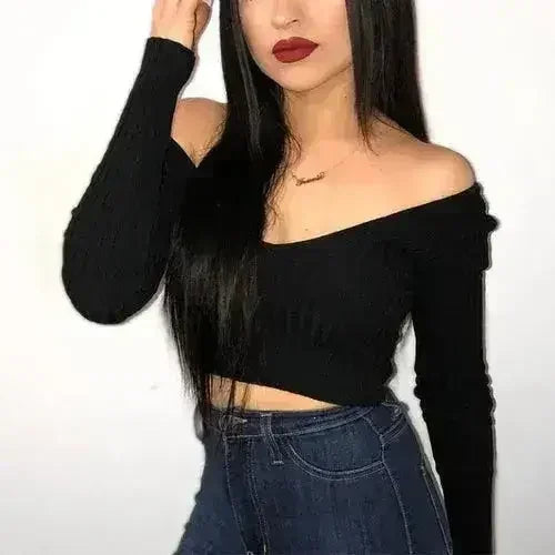 Haut court noir en coton pour femme, col en V, épaules dénudées, automne