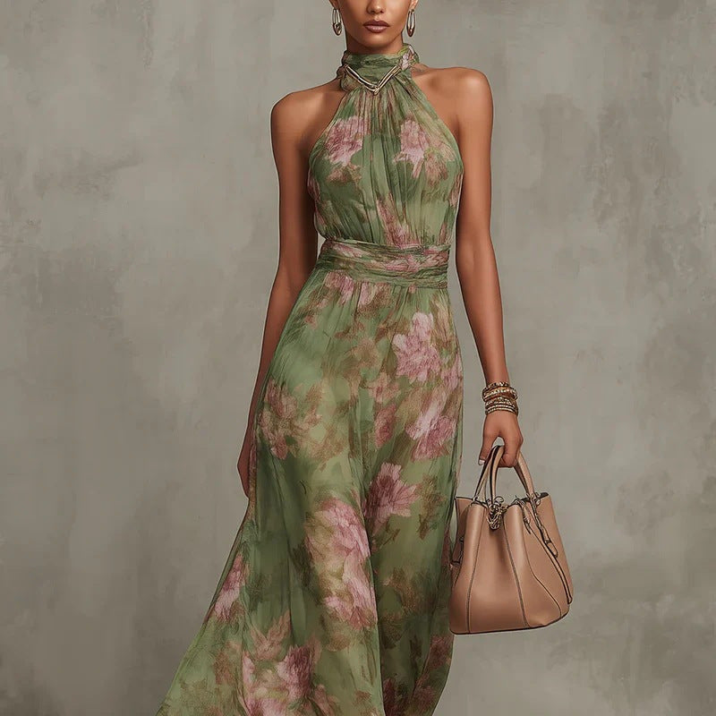 Robe maxi suspendue en maille imprimé graffiti verte – Robe streetwear taille haute fendue asymétrique