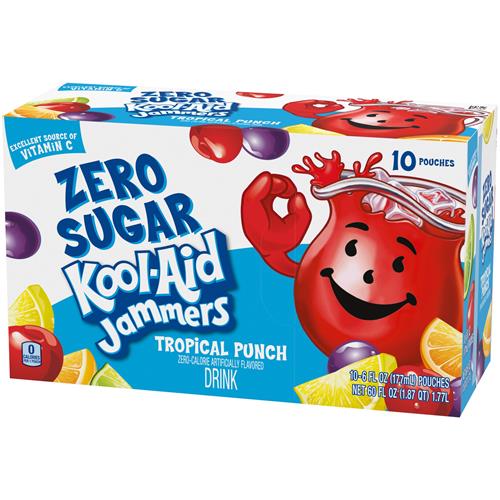Boisson gazeuse Kool-Aid Jammers Punch Tropical Zéro Sucre, édulcorée artificiellement, boîte de 10 unités, sachets de 177 ml