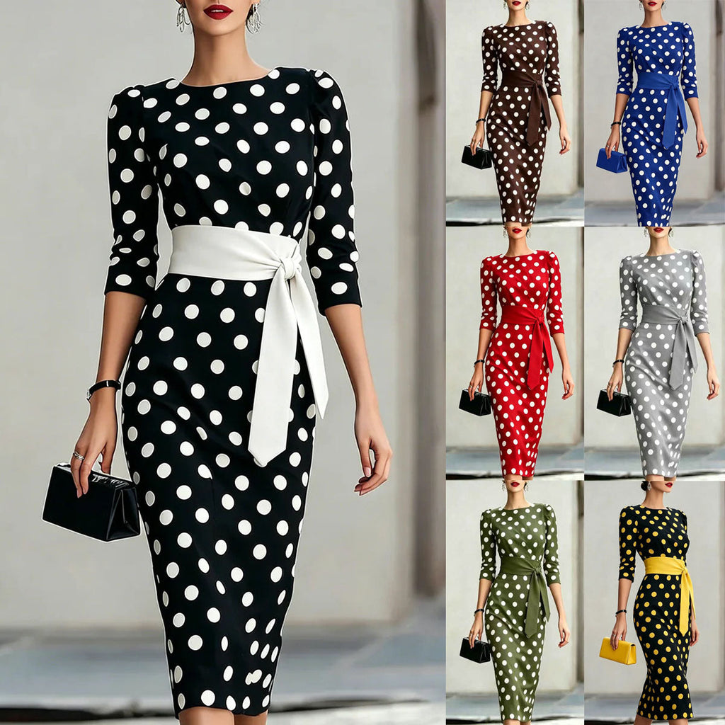 Robe midi moulante rétro à pois pour femme – Ceinturée avec liens croisés