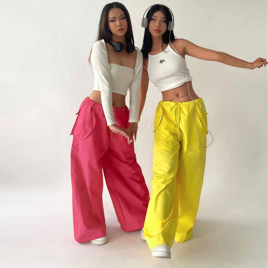 Pantalon cargo droit femme taille haute à lacets – Coupe ample