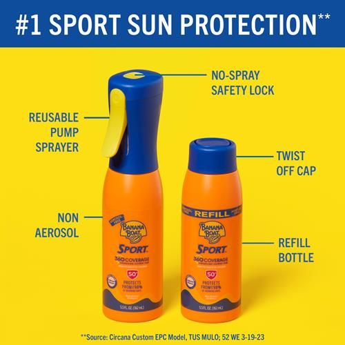 Banana Boat Sport 360 Couverture Spray Solaire FPS 50, Sans Aérosol, Couverture à 360°, Flacon Brume Rechargeable de 163 ml, Spray Solaire FPS 50