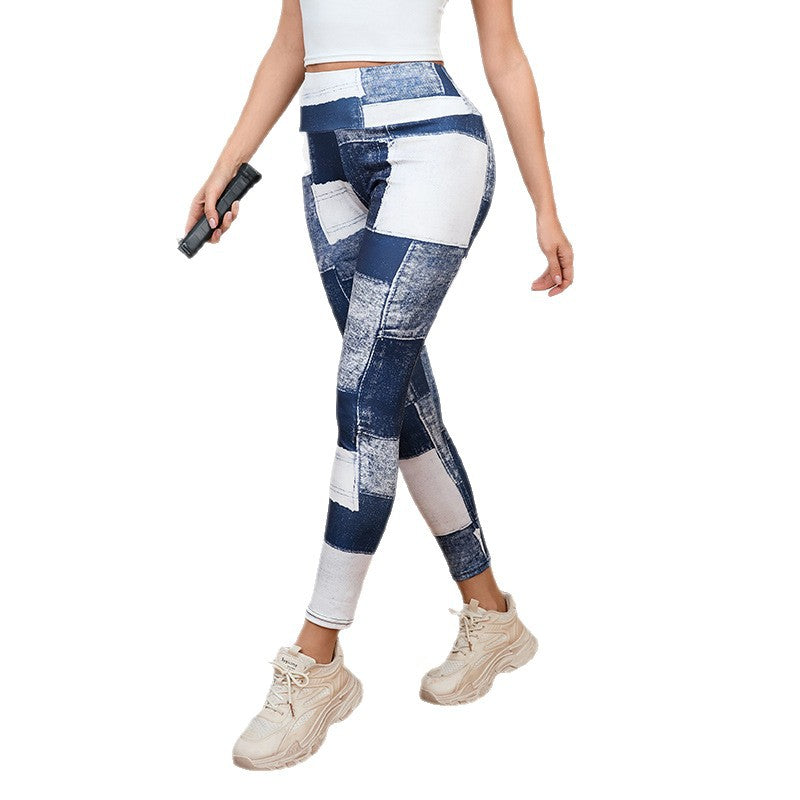 Pantalon de Yoga et Fitness Taille Haute Effet Ventre Plat Coupe Ajustée Imprimé Carreaux Pêche Effet Denim