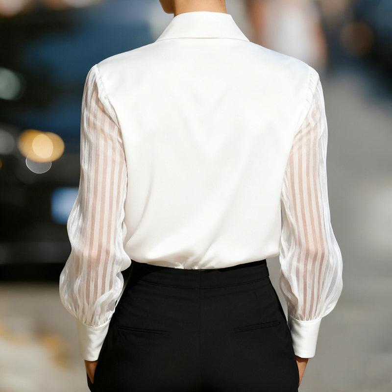 Chemisier femme en satin à col à revers – Chemise transparente à manches longues boutonnée pour le bureau et la mi-saison