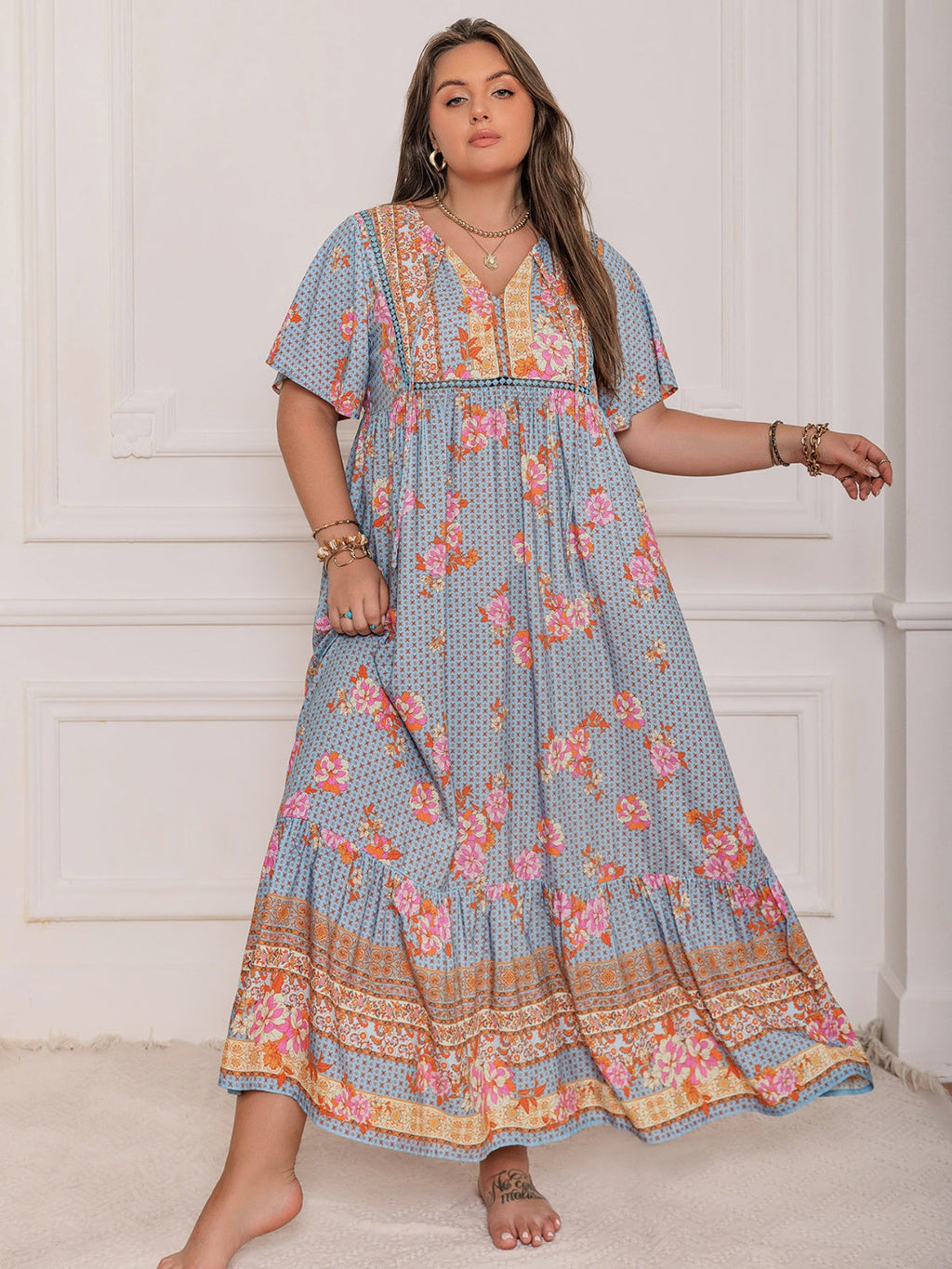 Robe longue à manches flottantes imprimée rose violet taille plus Élégante et fluide Design unique