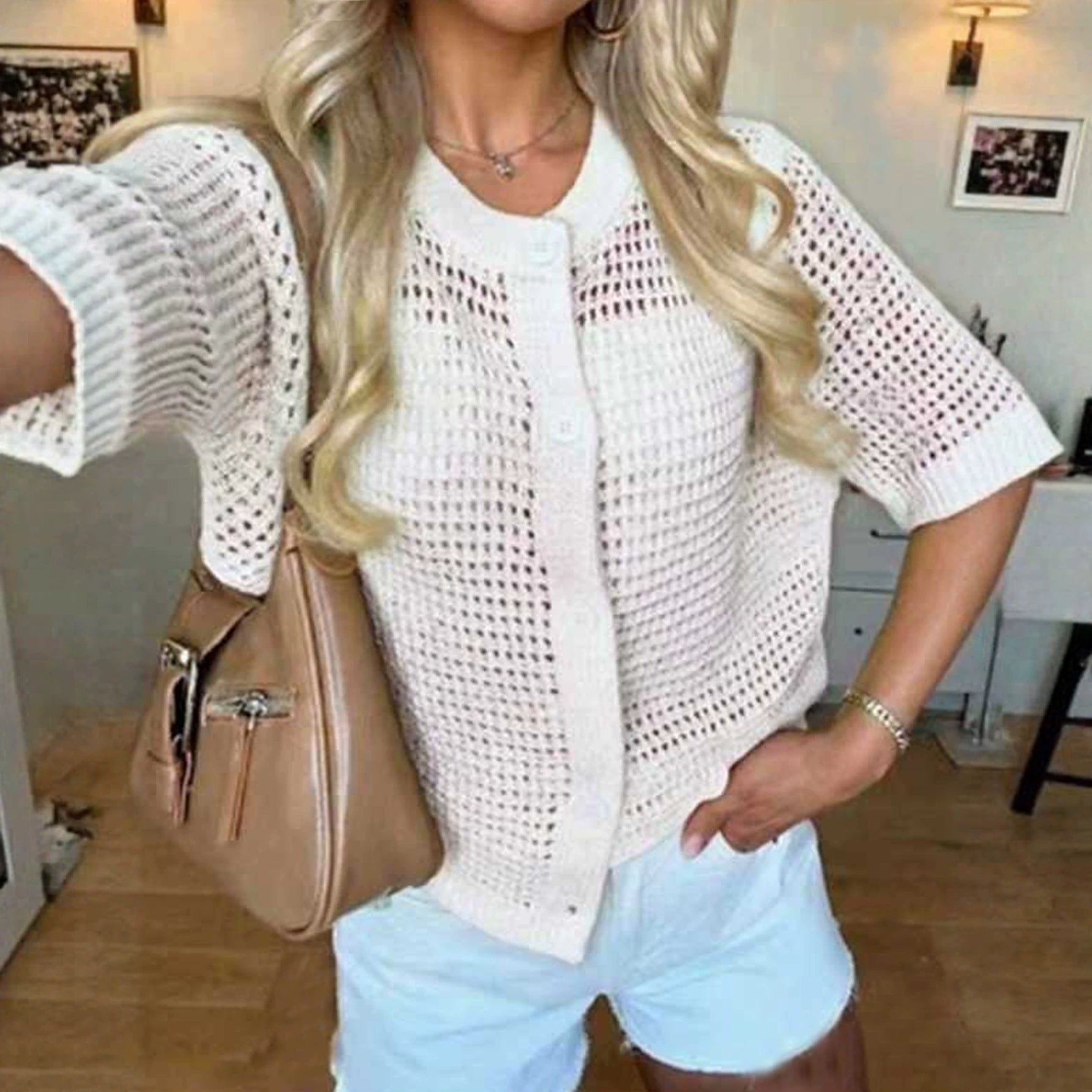 Cardigan en maille ajourée pour femme – Ouvert sur le devant, manches courtes, couleur unie