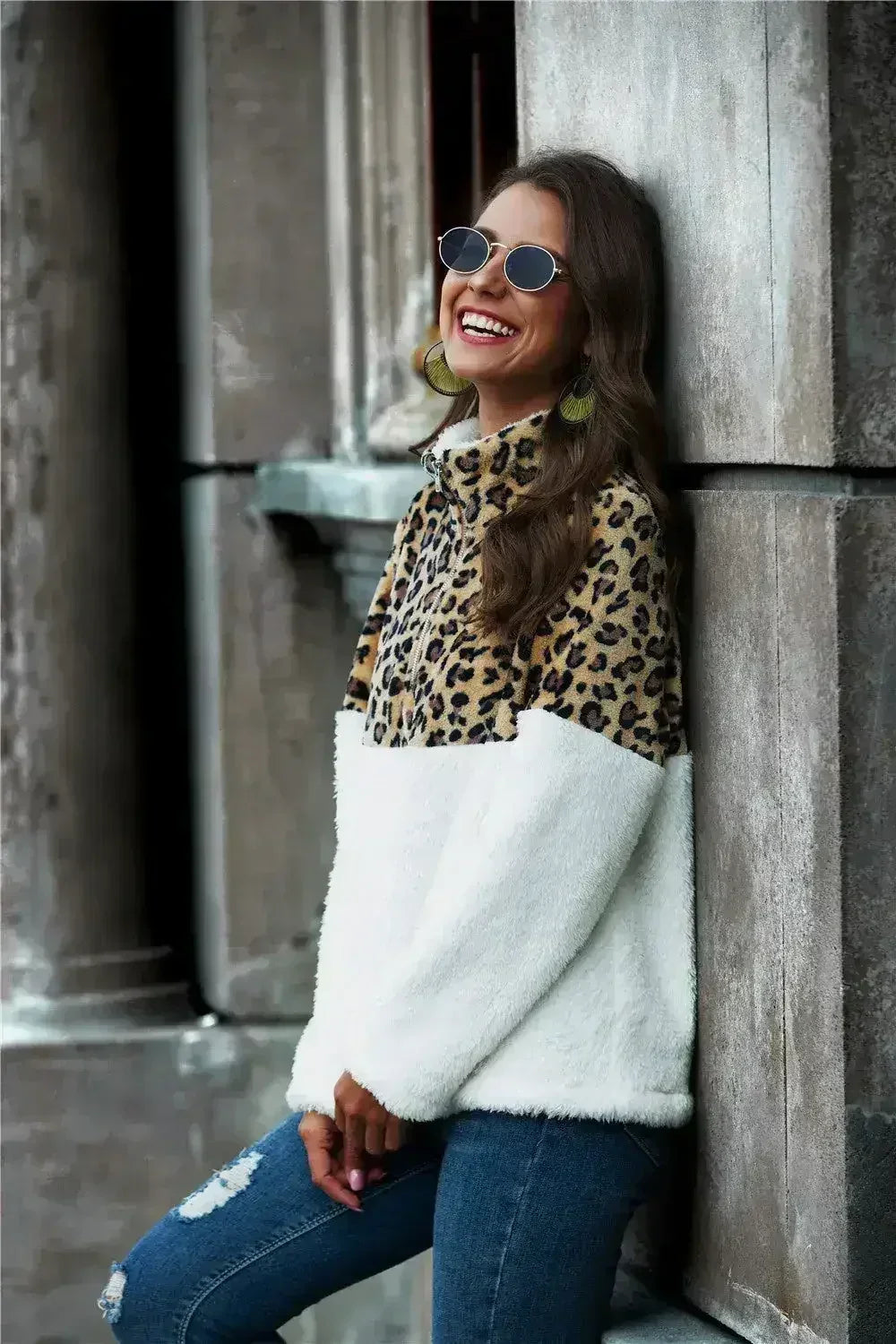 Sweat-shirt Teddy demi-zip imprimé léopard pour femme | Femstylo