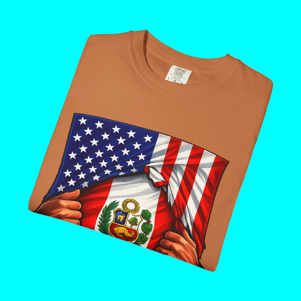 Drapeau Pérou + Drapeau USA T-shirt Fierté | Drapeau Péruvien + Américain Déchiré 4 Juillet | T-shirts Latino Drôles Viraux | Unisexe - 4 Couleurs