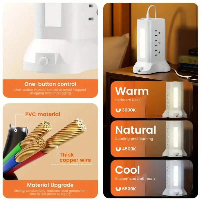 Multiprise tour 14-en-1 avec 4 ports USB et 9 prises CA, câble de 3 m, veilleuse 3 couleurs réglable
