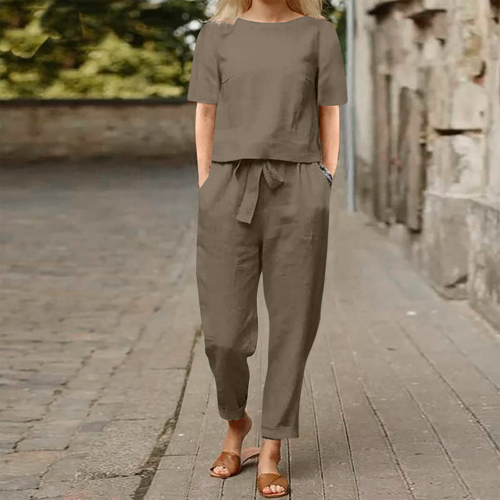 Ensemble deux pièces pantalon large – Tenue de détente décontractée unie