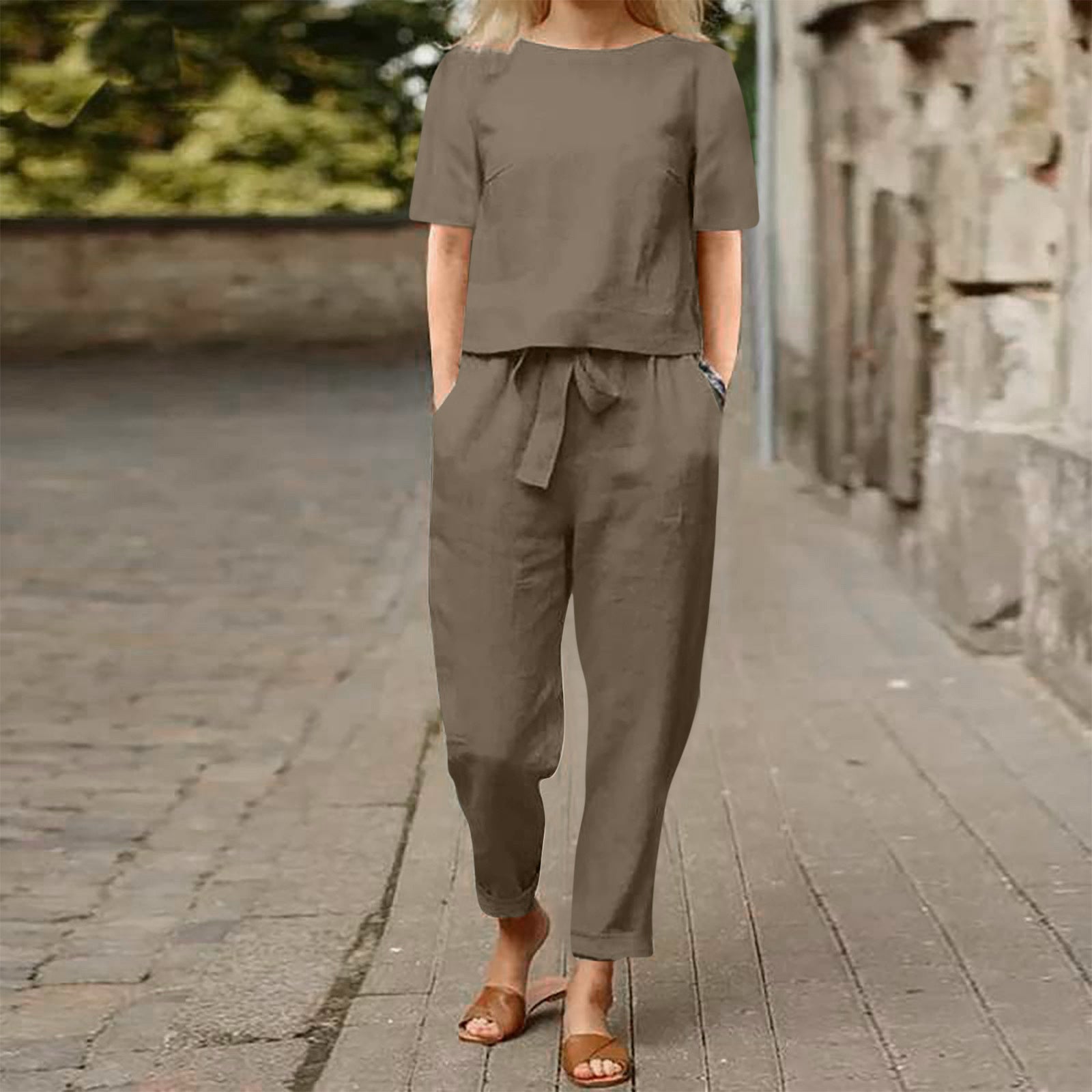 Ensemble deux pièces pantalon large – Tenue de détente décontractée unie