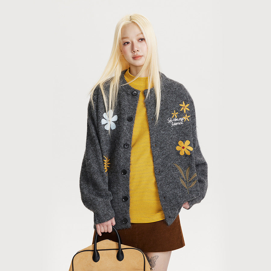 Cardigan pull brodé fleuri rétro pour femme