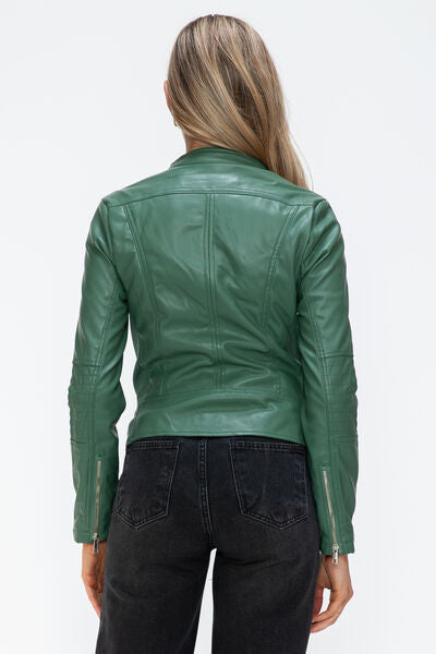 Veste à capuche en similicuir zippée avec cordon de serrage pour femme, élégante et décontractée, en cuir PU pour le streetwear