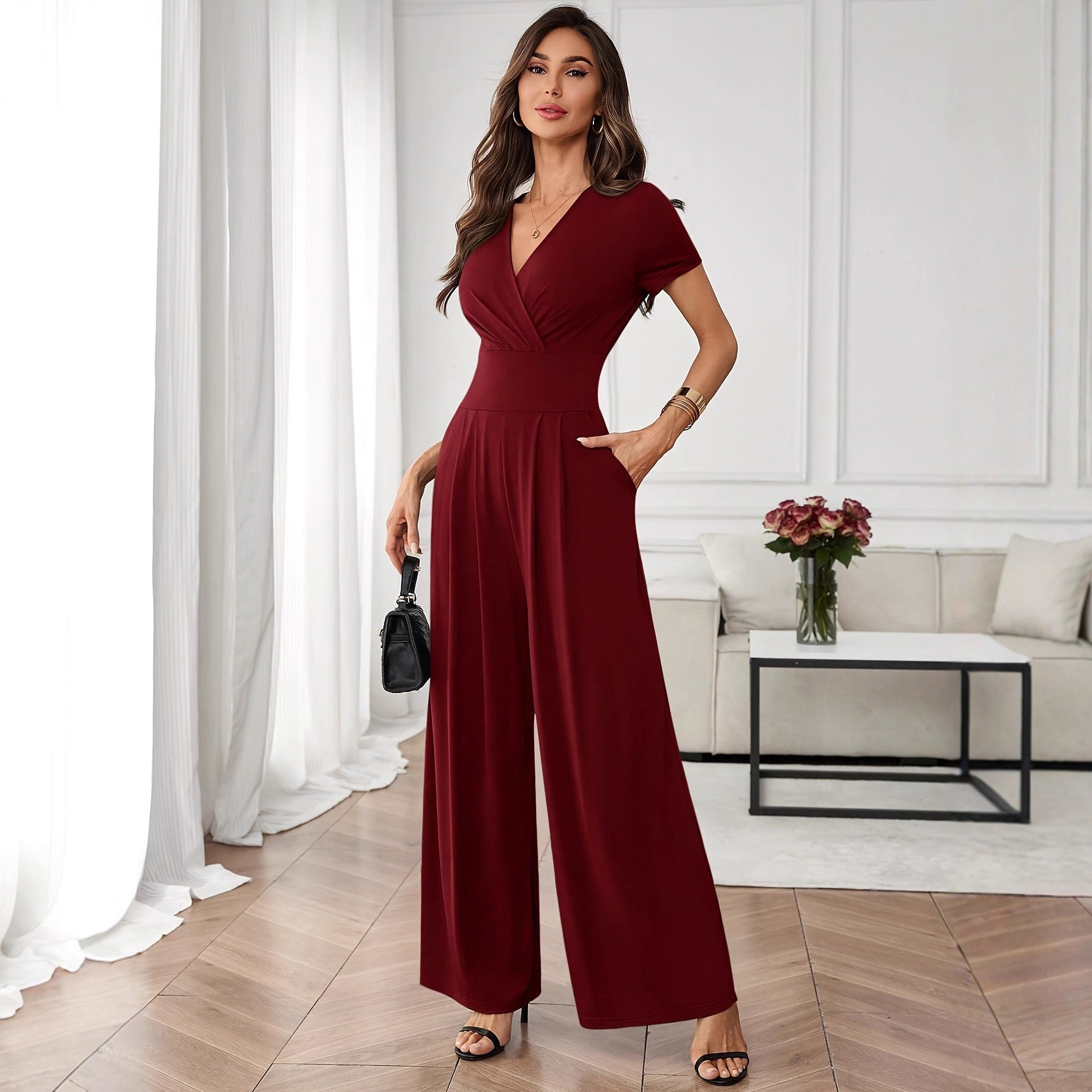 Combinaison plissée à jambes larges et manches trois quarts | 2 couleurs S-XL