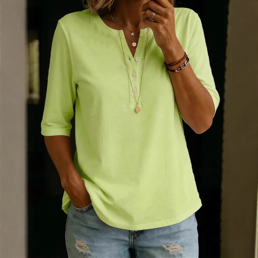 Haut Henley uni à manches courtes et boutonnage frontal pour femme