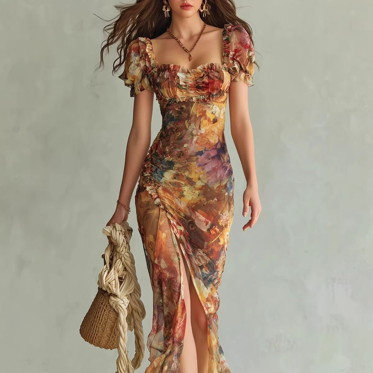 Robe longue orange avec décolleté en V, taille cintrée et ourlet à volants – Coupe moulante