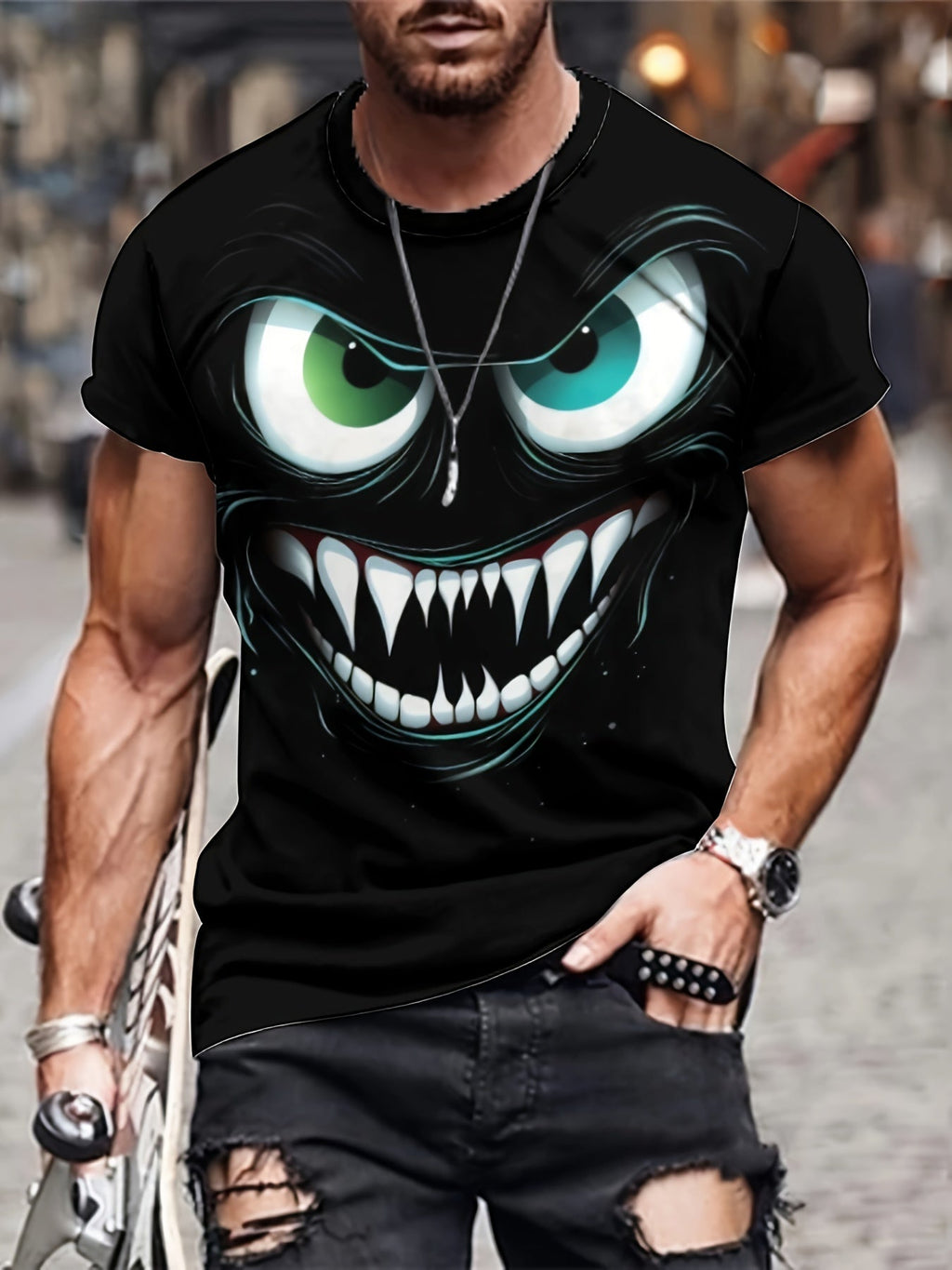 T-shirt 3D manches courtes Evil Smile pour homme – Style streetwear à motif graphique