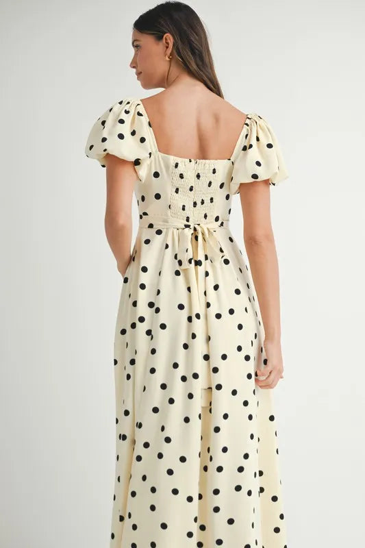 Robe mi-longue à pois et manches bouffantes pour femmes – Robe vintage à pois et volants, Robe féminine à manches bouffantes, Robe mi-longue rétro, Robe chic classique