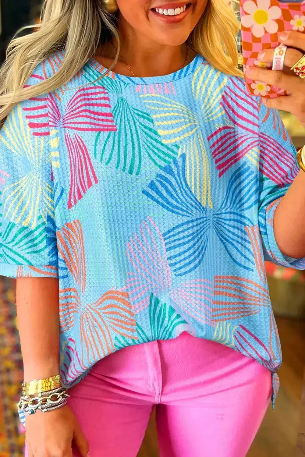 T-shirt ample gaufré bleu ciel à imprimé nœud papillon