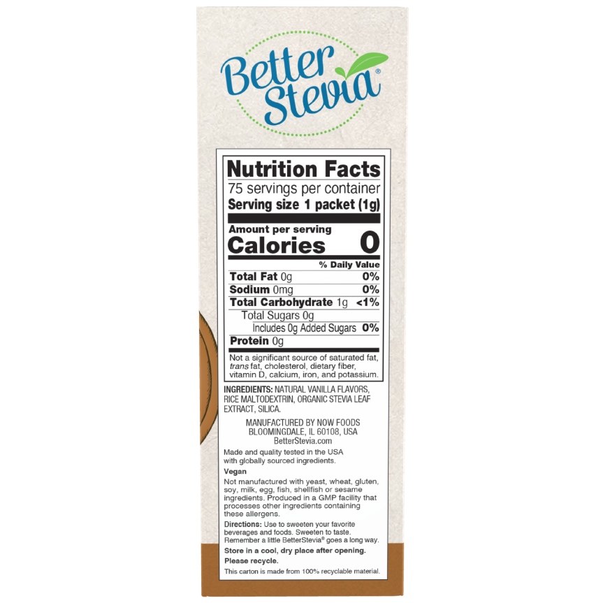 Now Foods BetterStevia Vanille Française 75 Sachets Par Boîte - 6863 - Lot de 3