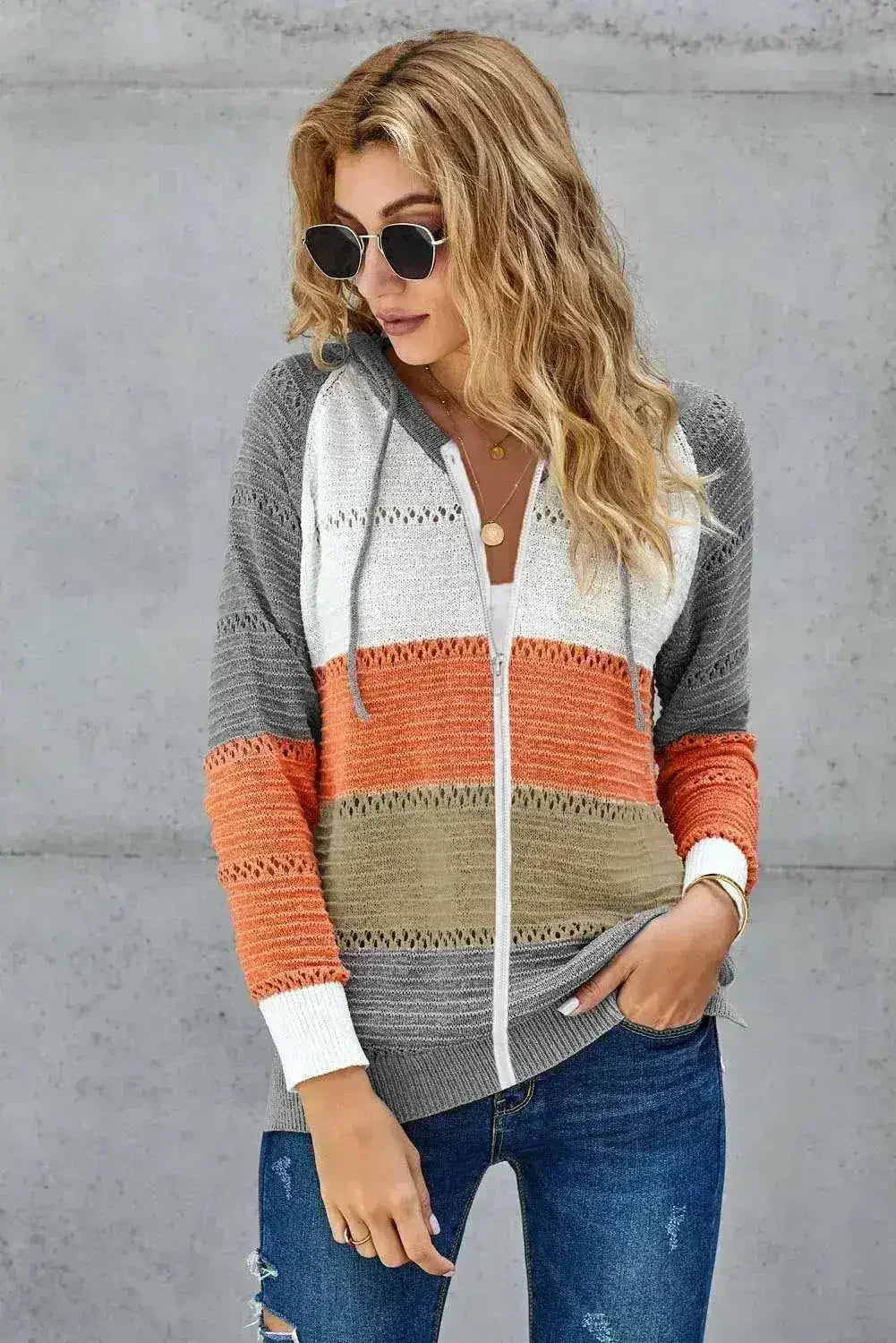 Sweat à capuche en maille ajourée Femme, Gris Colorblock, avec fermeture éclair frontale