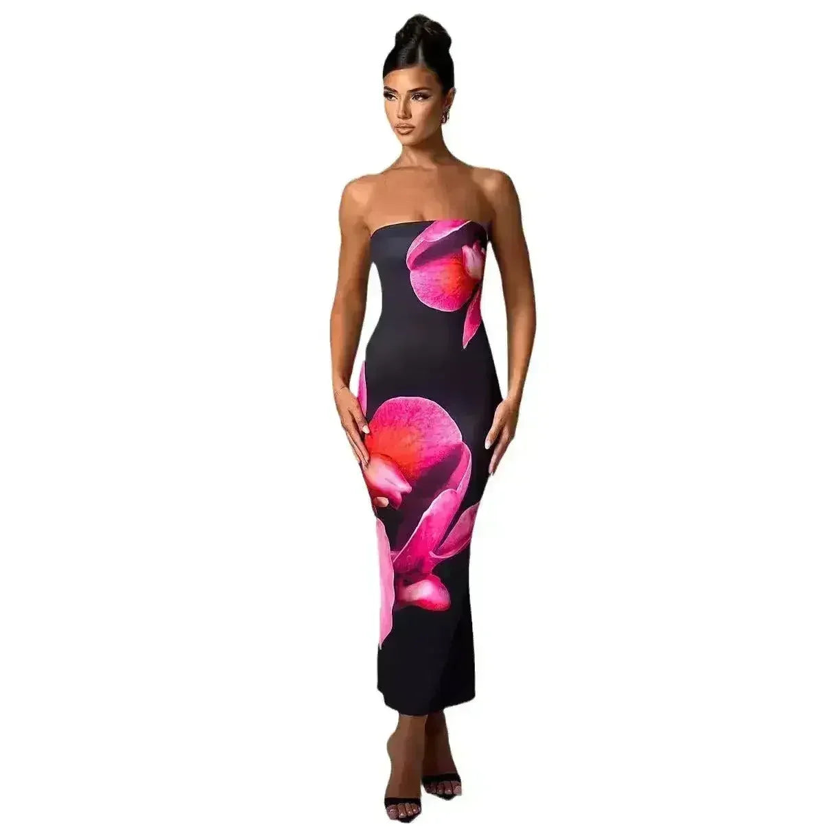 25e édition – Robe longue tube drapée florale dos nu (NICHE)