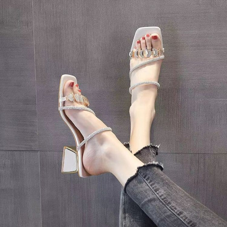 Sandales à talon mi-épais pour femme, style coréen, avec strass et bride unique