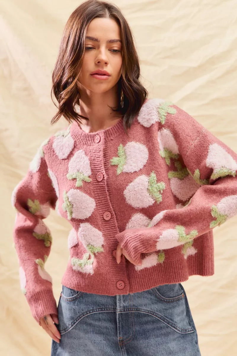 SO ME Cardigan en maille boutonnée à motif de fraises