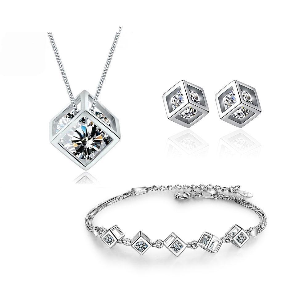 Nouveaux bijoux de luxe estampillés couleur argent Zircon élégant collier, boucles d'oreilles et bracelet en forme de cube carré pour femmes