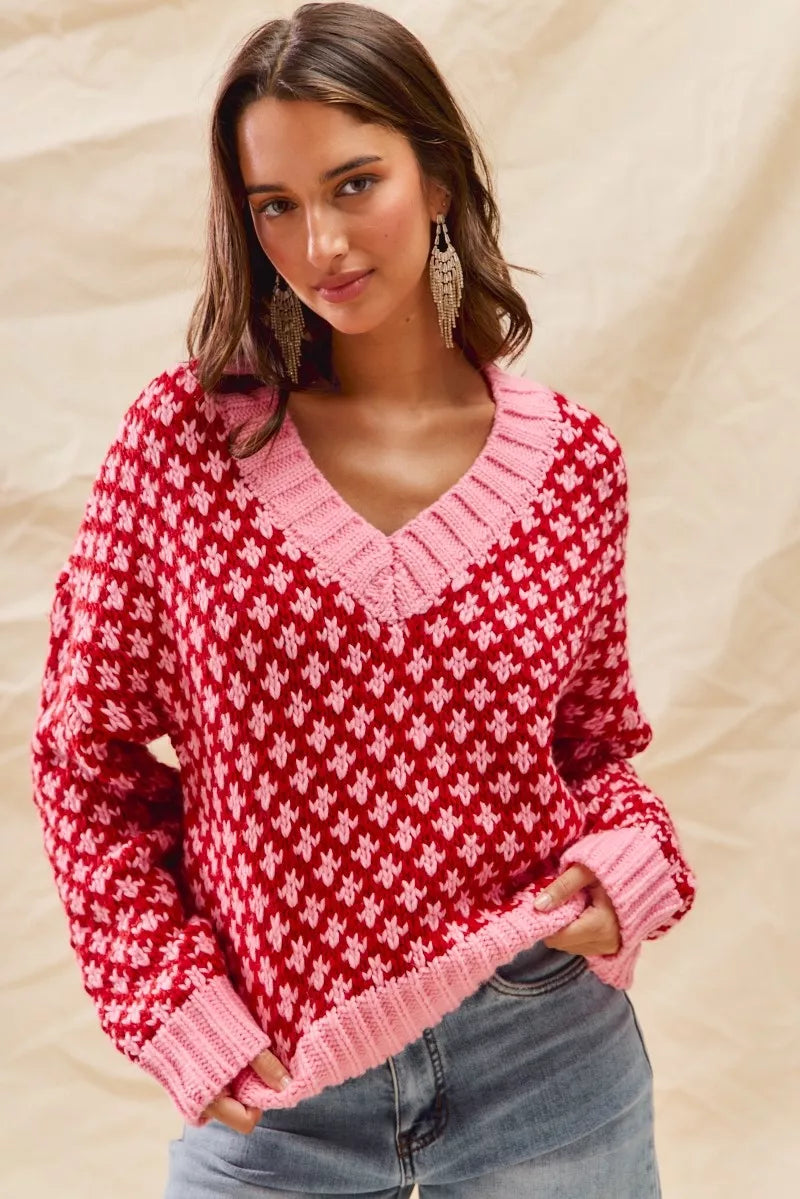 SO ME Pull de Noël texturé à blocs de couleurs avec décolleté en V