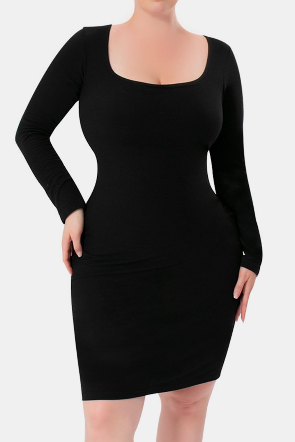 Robe élégante noire à col carré et manches longues avec gaine intégrée pour femme
