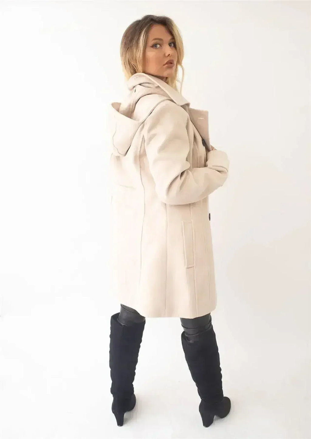 Manteau à capuche croisé double face en laine