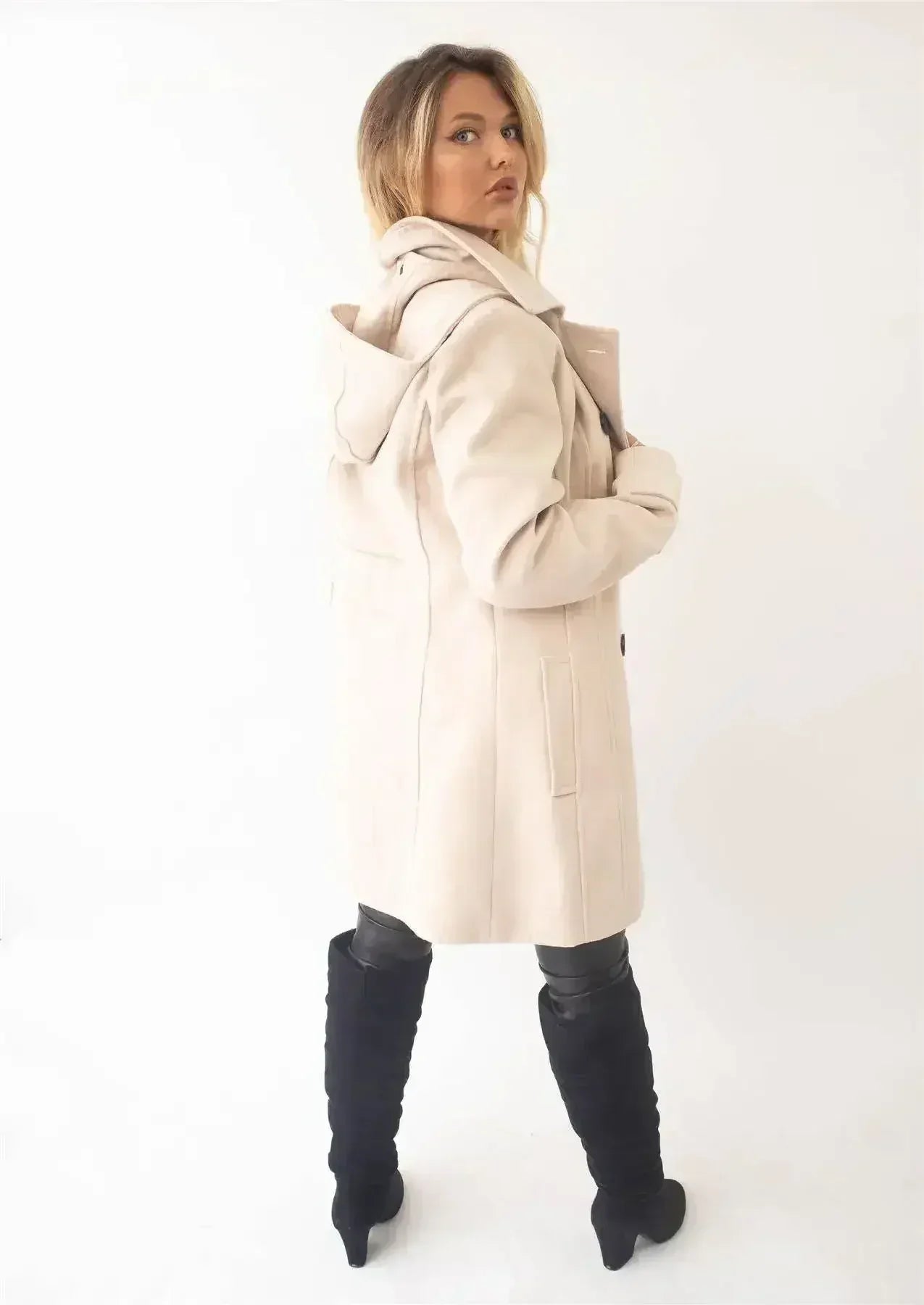Manteau à capuche croisé double face en laine