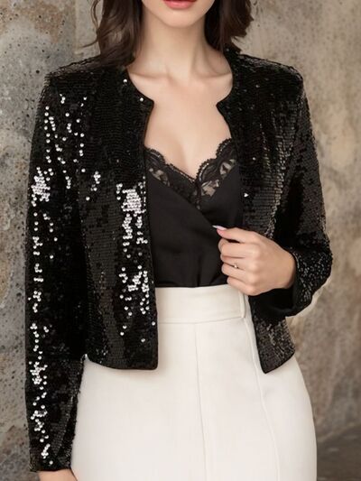 Veste courte élégante à sequins ouverte sur le devant pour femme avec des paillettes glamour, Veste de soirée de luxe pour femme