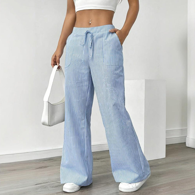 Pantalon long décontracté à rayures, coupe droite et large, avec poches pour femmes